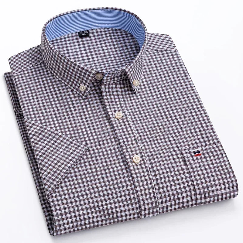 2025 100% Pure Cotton Men's Oxford Short Sleeve Square Collar Soild Plaid Striped Summer Casual Shirts Single Pocket  Shirt