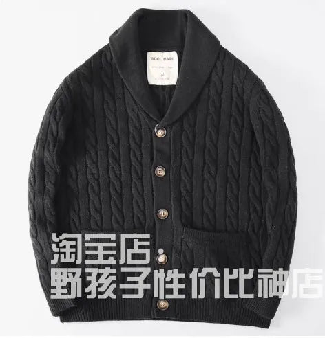100% Wool Men's Scandinavian Style Shawl Collar Cardigan Nordic Knit Sweater Jacket for Autumn/Winter
