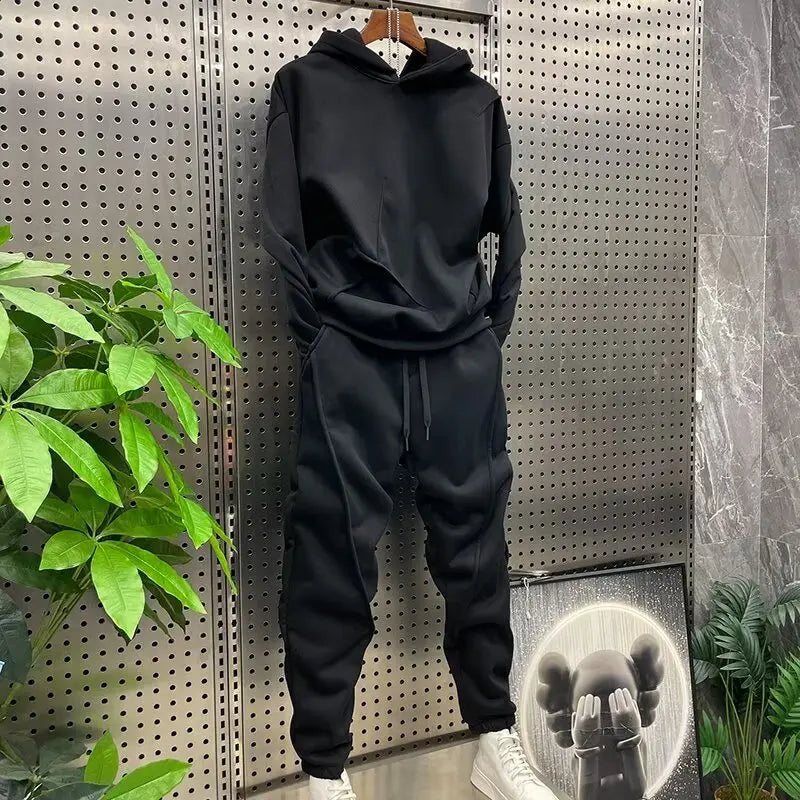 Men's autumn and winter solid color sports and leisure set, long sleeved hoodie, leg binding, youth 2pcs set