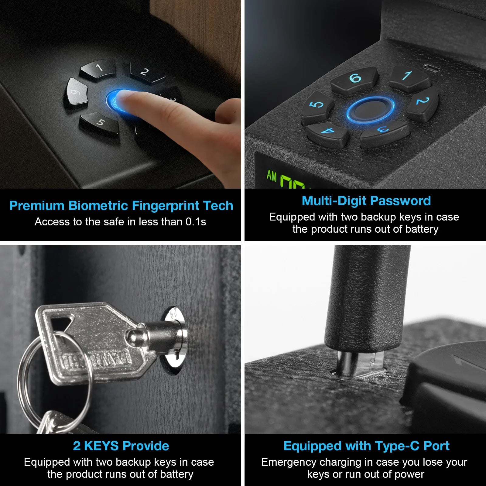 Biometric Bedside Handgun Quick Access Pistol Lock Box for Nightstand,Car,Fingerprint/Pin Code/Type-C