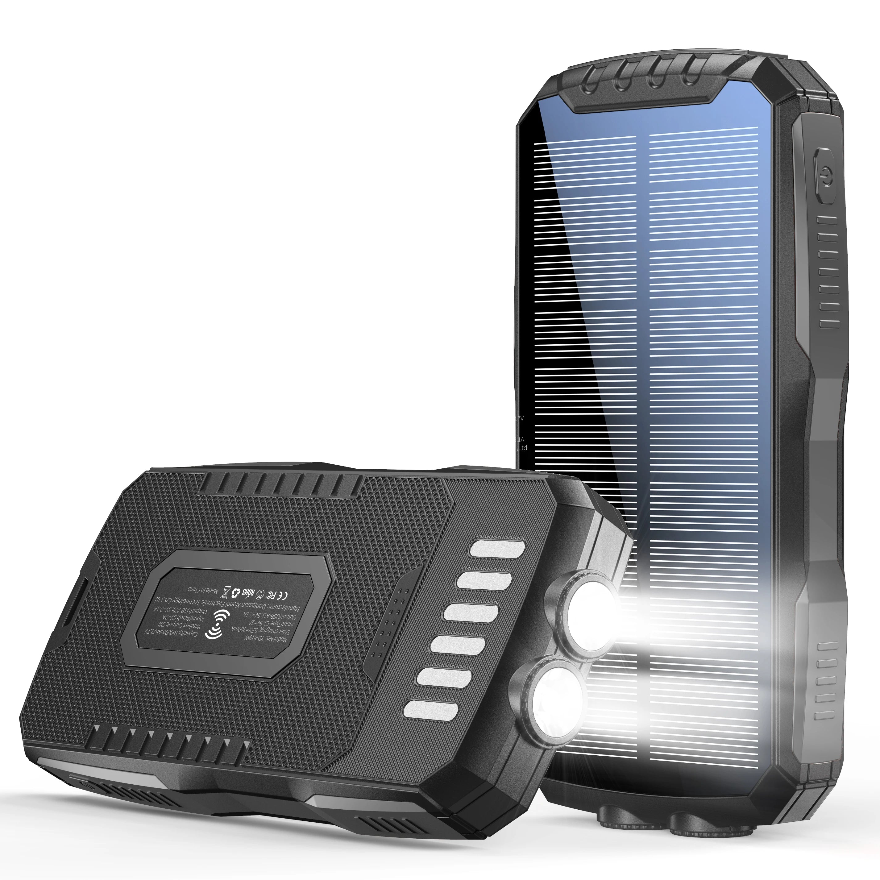 30000mAh Solar Power Bank with Wireless Charger, Dual USB Outputs, Bright LED Flashlight, Waterproof