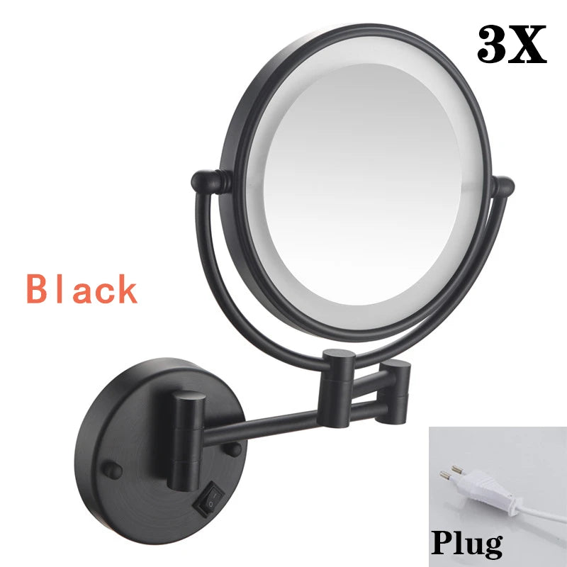Brushed Gold LED Makeup Mirror with Brass Folding Bathroom Mirrors of 8 Inch 3X 5X Maynifying Makeup Mirror Dual Face LED Mirror