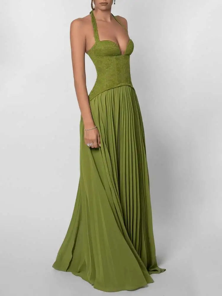 GACVGA Elegant Corset Halter Pleated Maxi Dress Women Back Lace-up Patchwork Slim Lady Gown Club Party Evening Long Dress