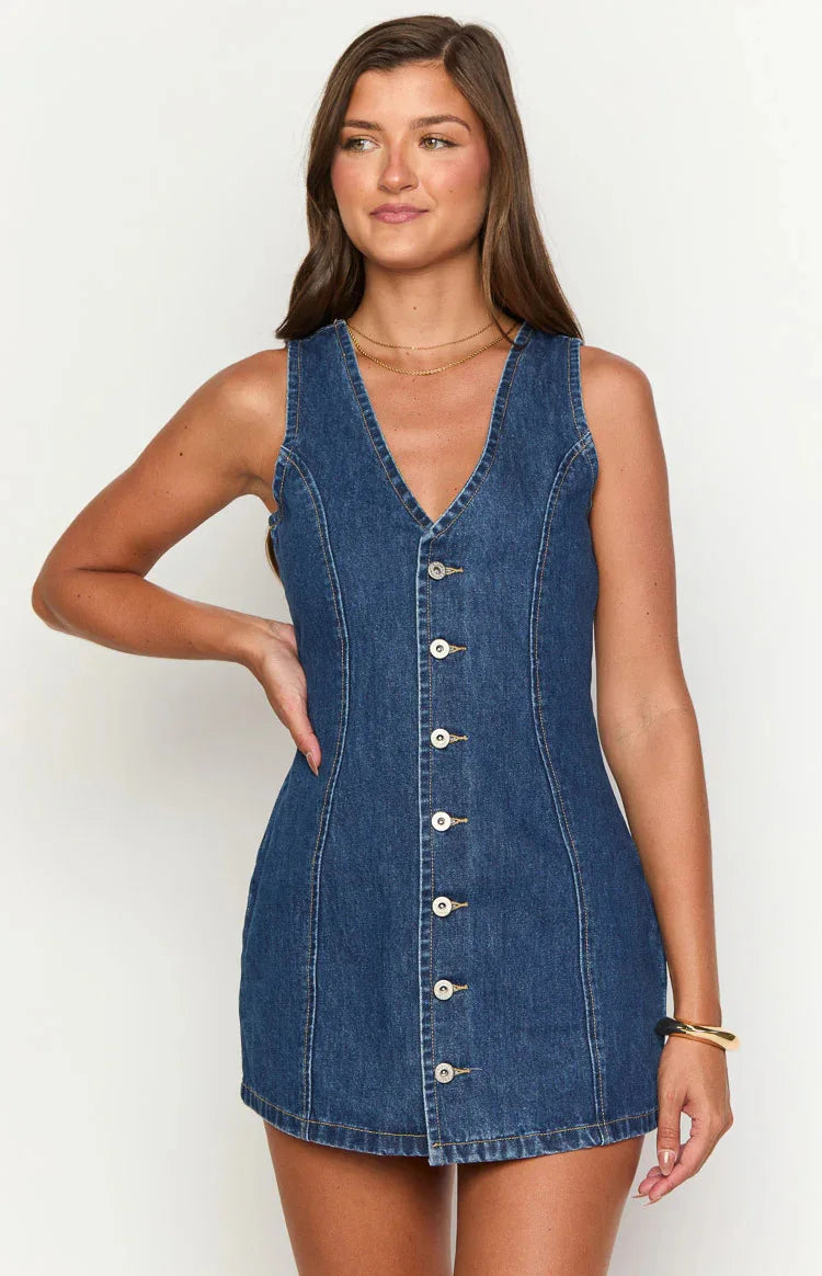 Women's Retro Spicy Girl Design Sleeveless Denim Dress Spring Summer Washed Denim Short Skirt High Waist V-neck Dress for Women