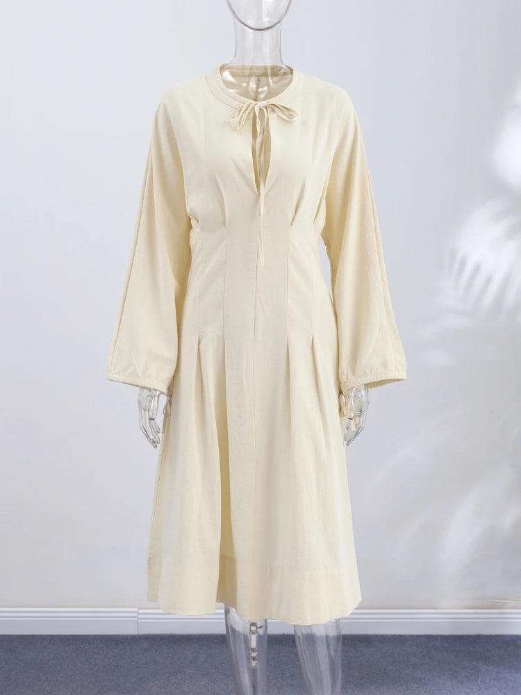 Casual Cotton Midi Dress Women O Neck Lace Up Lantern Sleeves Slim Waist A Line Robe Female 2026 Summer New Chic Solid Dresses
