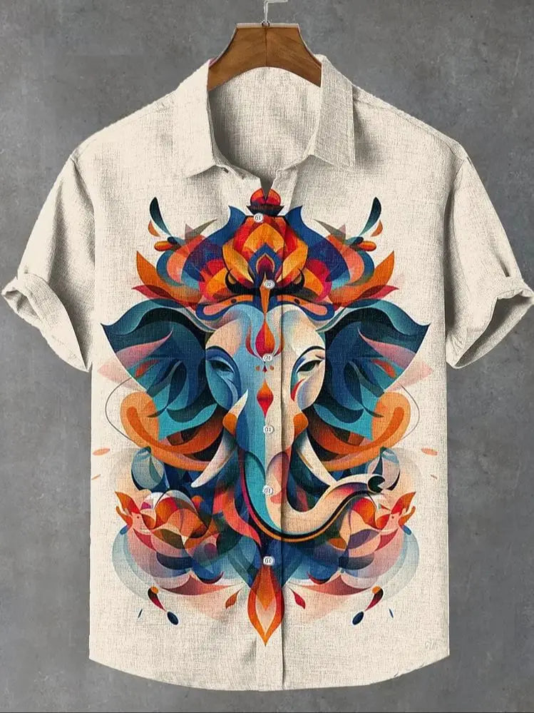 Men's new retro linen short sleeved shirt with giant monster pattern printed casual and comfortable button top