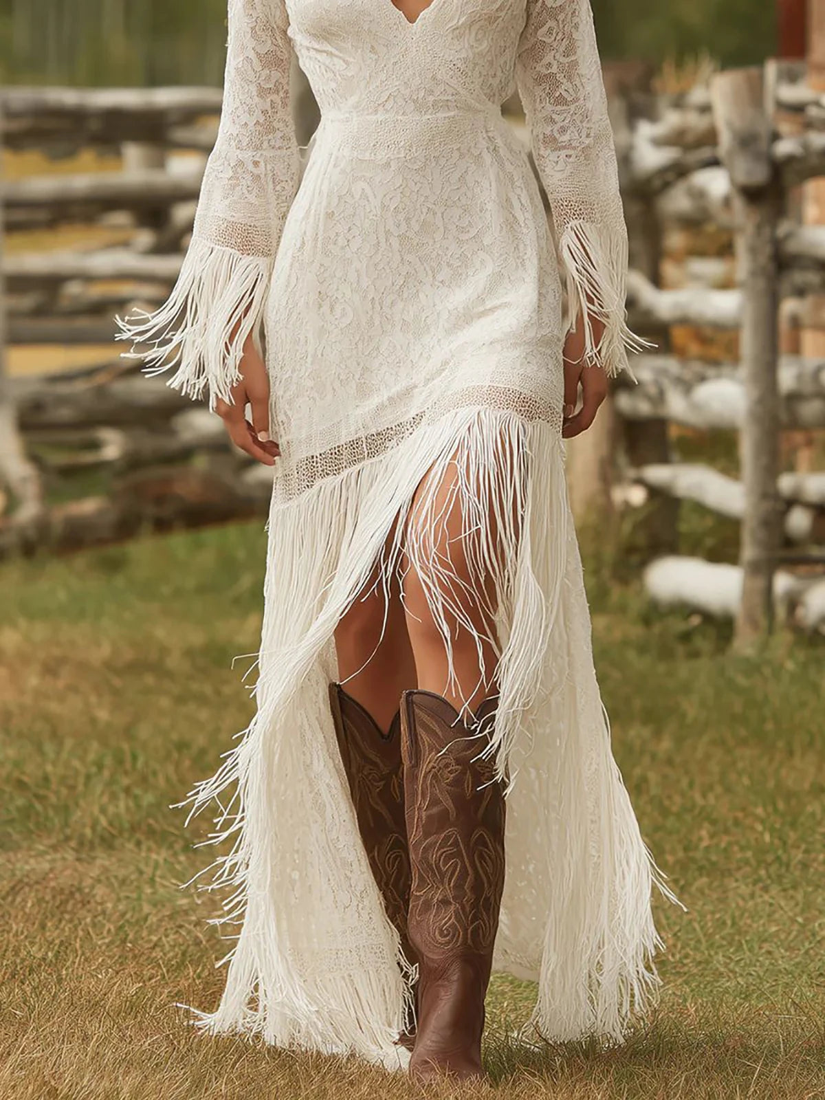 Elegant Vintage Women's Boho Tassel Dress White Lace V Neck Fringe Sleeve Autumn Fashion Party Dress Wedding Guest Maxi Dresses