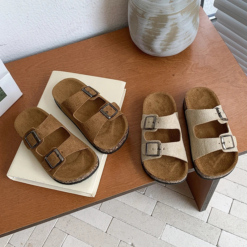 Summer Toddler Kids Boys Girls Suede Cork Slide Sandals Double Buckle Non-Slip Soft Sole for Indoor Outdoor Daily Casual Wear