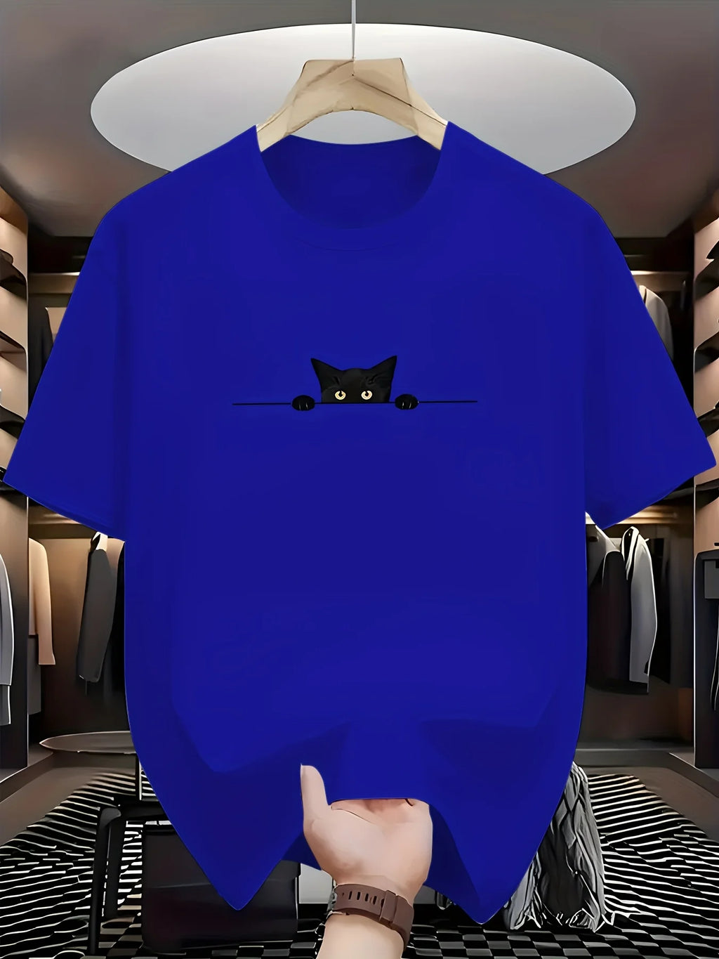 Men's Summer 100% Cotton Fashionable Casual Loose Large Cute Cat Pattern Printed Round Neck Short Sleeve T-shirt Top