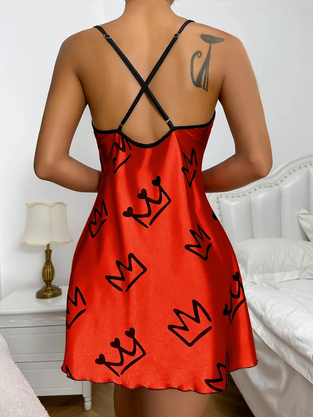 Heart Print Nightdress Elegant Scoop Neck Criss Cross Back Sleep Dress Women's Sleepwear