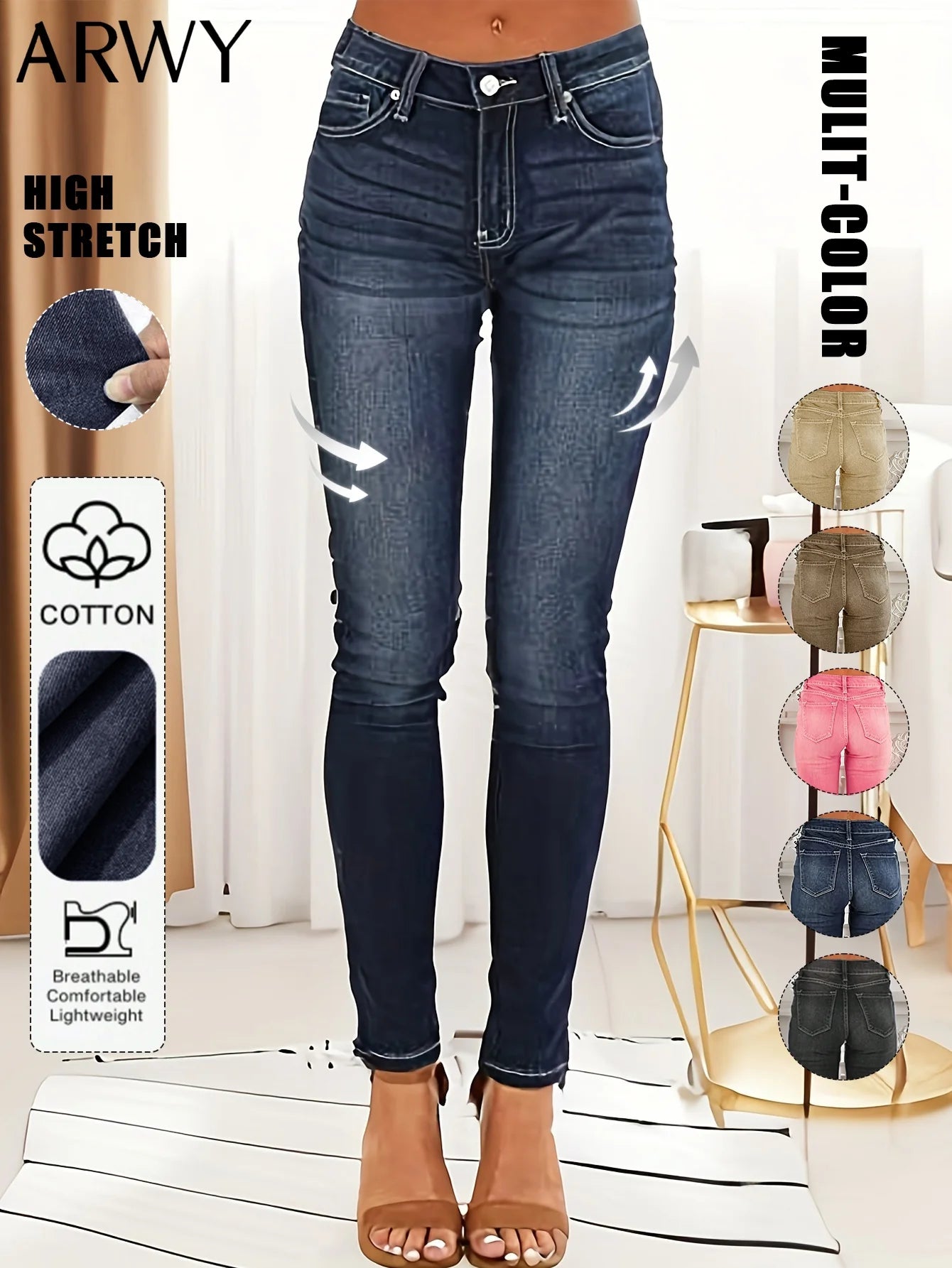 Women's Fashionable Elegant Casual Versatile Washed Cat's Whisker Pattern Skinny Fit Denim Jeans for Daily Wear