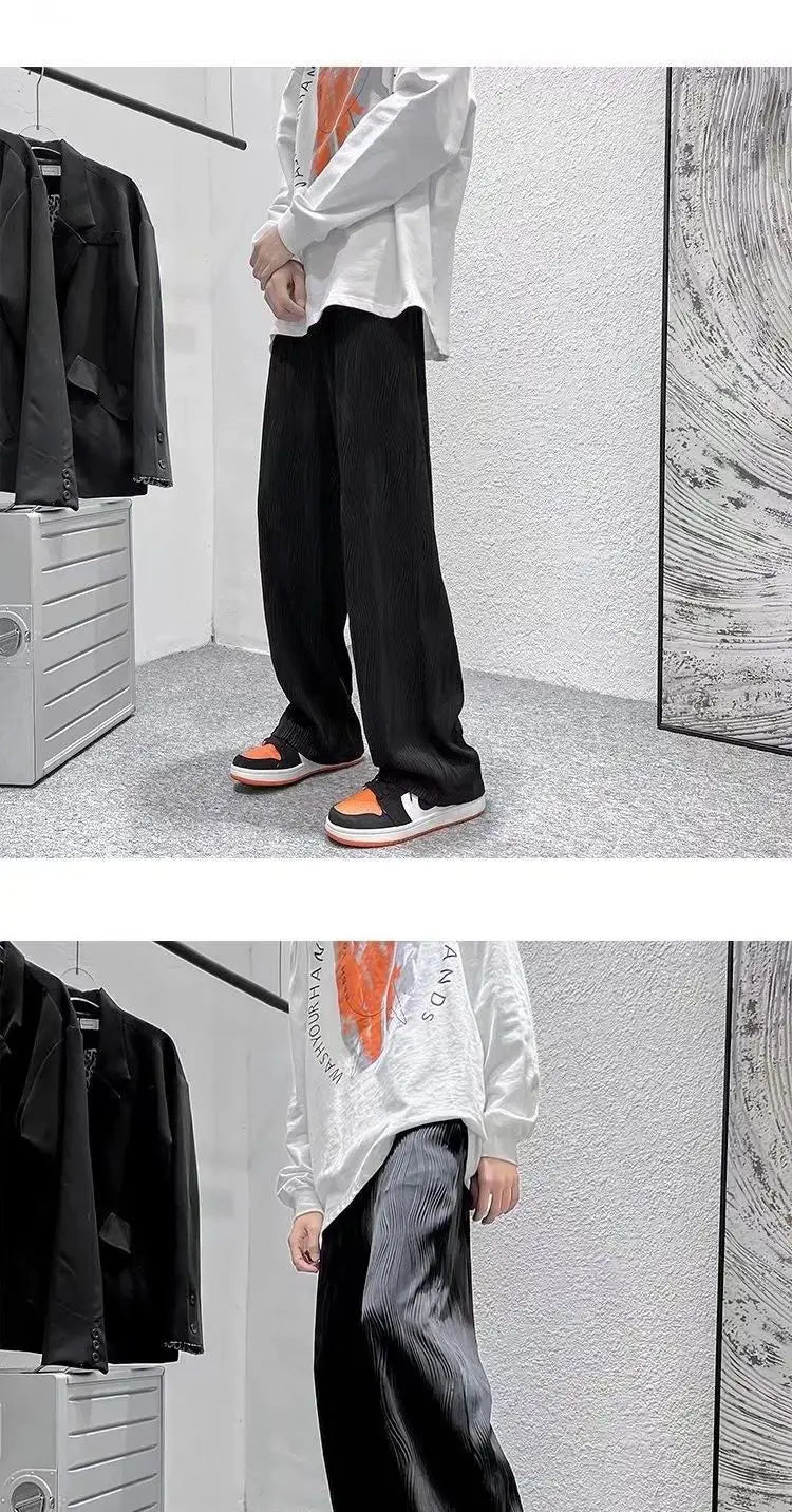 Summer Korean Fashion Simple Ice Silk Wide Leg Pants Men Solid Elastic Waist Pockets Thin High Street Loose Straight Trousers