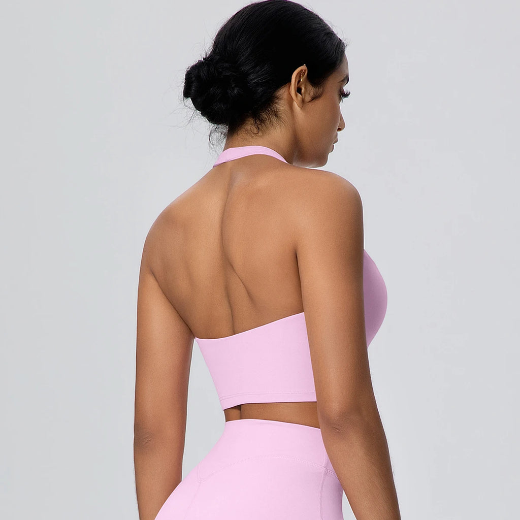 Woman Solid Color Sexy Neck Strap Bra Yoga Underwear With Chest Pad Backless Gather Shockproof Gym Workout Top Sports Yoga Bra