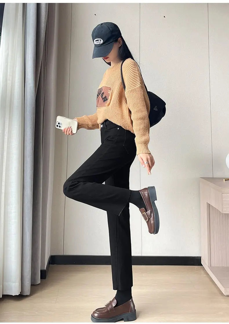 Womens Jeans Fleece Lined Thickened Winter Warm Straight Leg Loose Fit High Waist Slimming Trousers Y2k Clothes Y2k Jeans