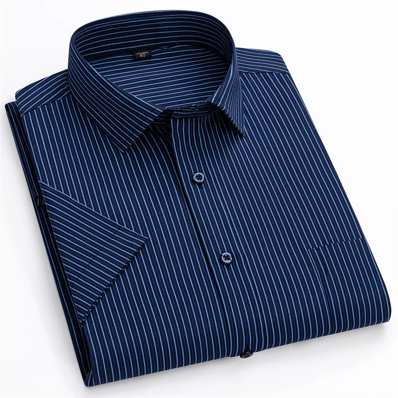 Men Formal Shirt Short Sleeve Office Solid Color Striped Fashion Business Pocket White Social Shirt Men's Clothing 5XL 6XL