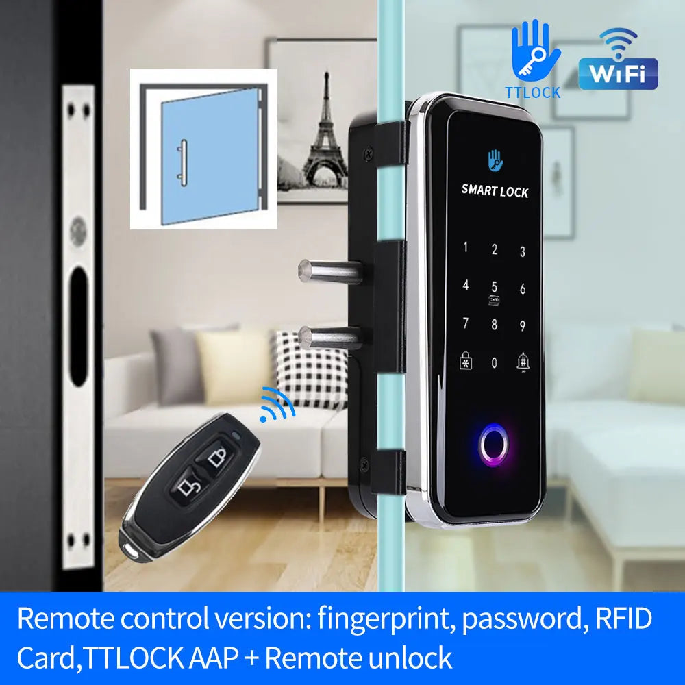 TTlock Smart Biometric Fingerprint WiFi Lock for Commercial Glass Door 5-in-1 Access Control (APP/Fingerprint/Card/Code/Remote)