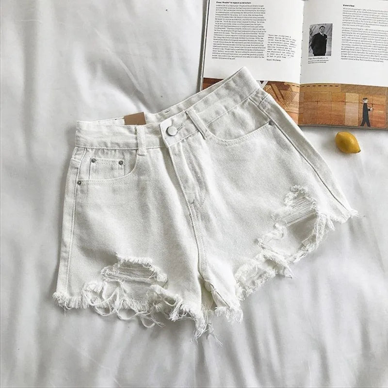Women High Waist Ripped Denim Shorts Korean Y2K Streetwear Tassel Pocket Summer Casual Blue Jeans Pants Fashion Street Trousers