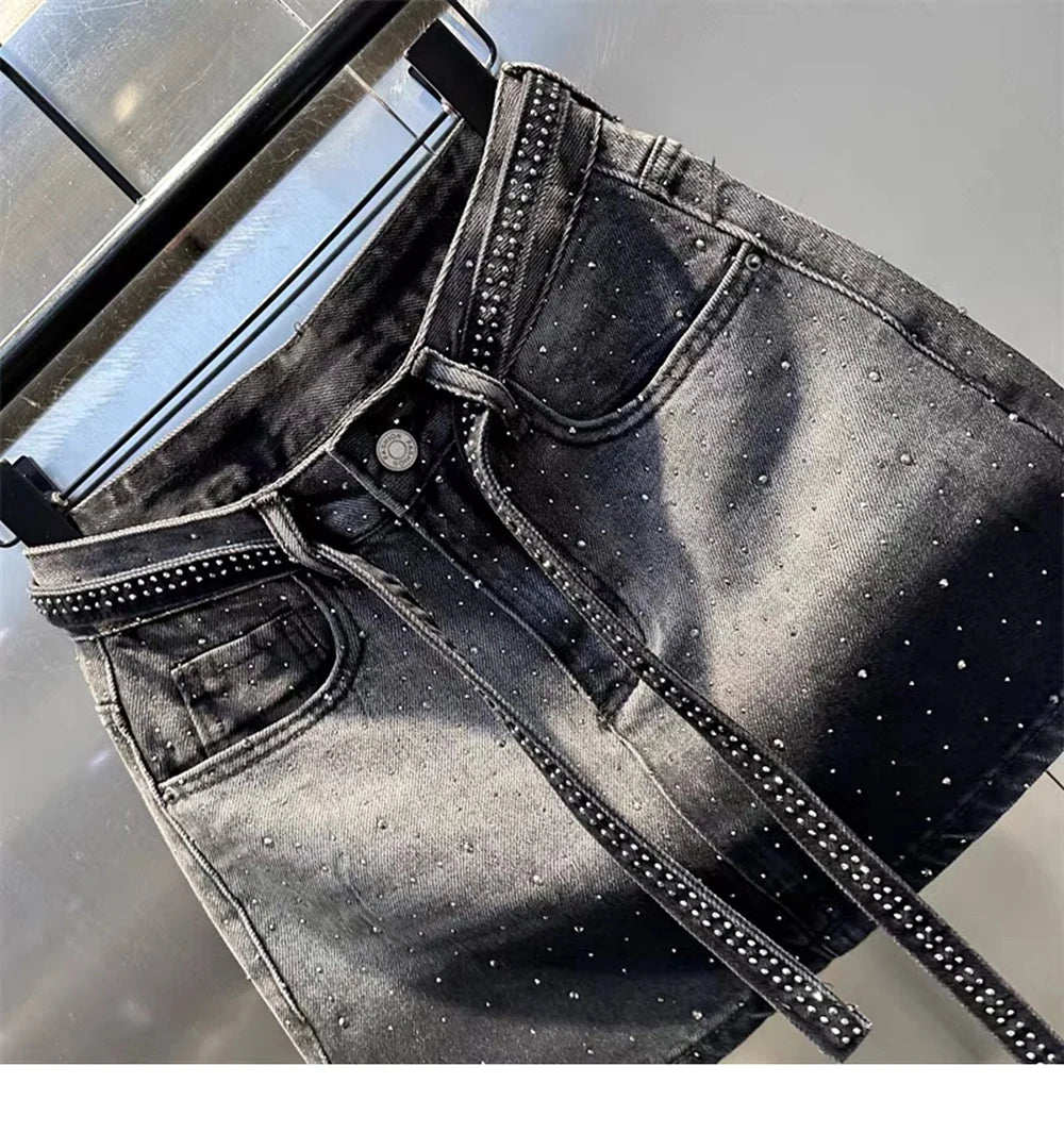Oversize Retro Diamond Denim Mini Skirt for Women Summer High Waist Shiny Rivet Slim Skirts Gradient Black Grey Jean Skirts
