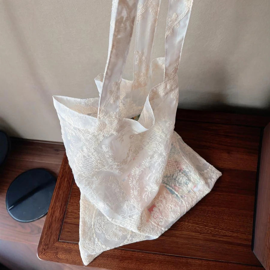 French Retro Chinese Style Lace Embroidery Organza Handbag Portable Shopping Daily Storage Bag For Women Daily Casual Use