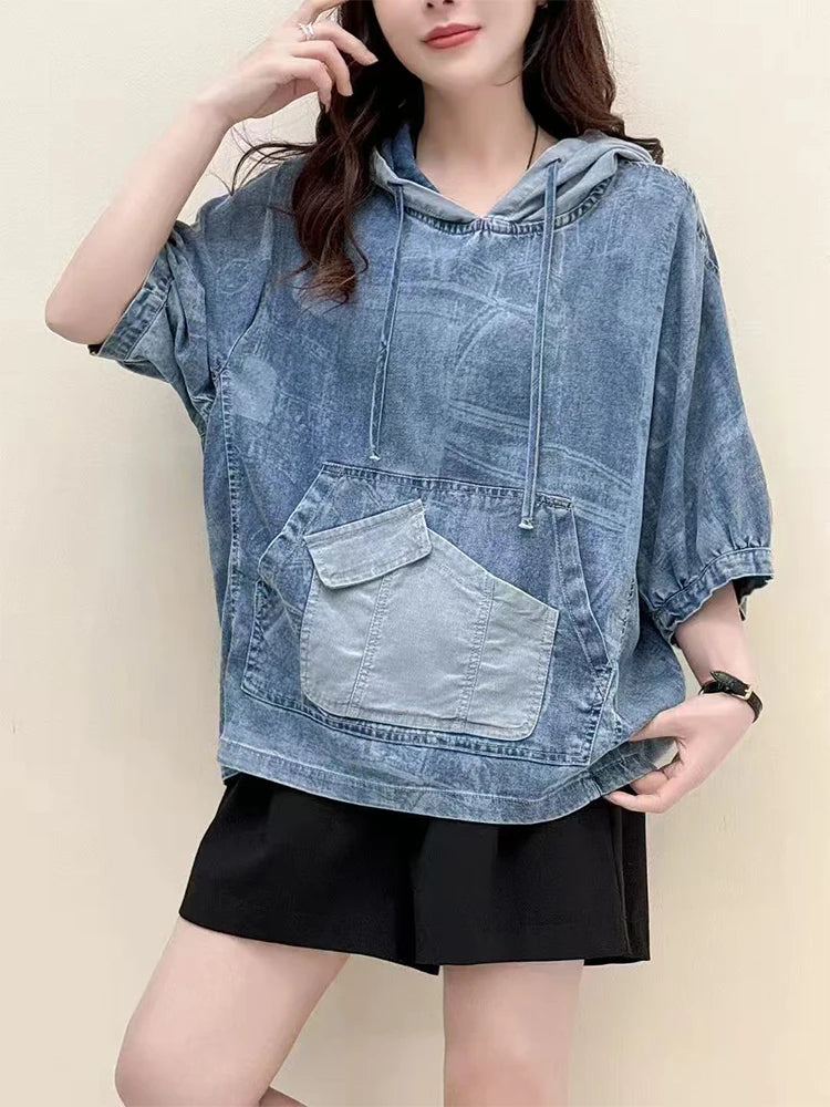 AmaxluluE Summer Fashion Clothes 2025 Women Denim Hooded Blouses Casual Big Size Printed Shirts Ladies Loose Vintage O Neck Tops