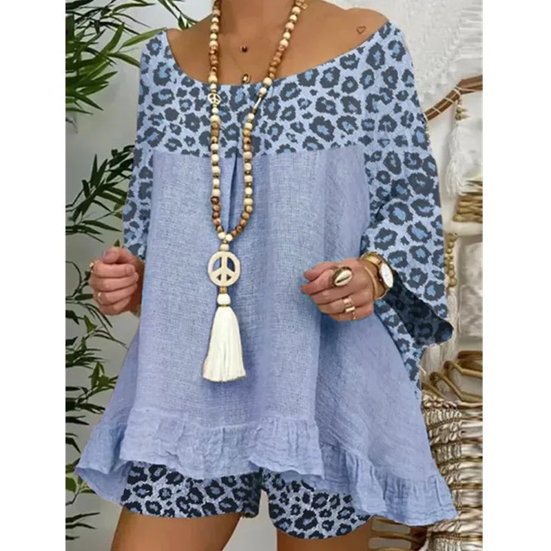 Linen Blouse Tops And Loose Shorts Suit Vintage Two Piece Set Print Sets Female Leopard Patchwork Outfit