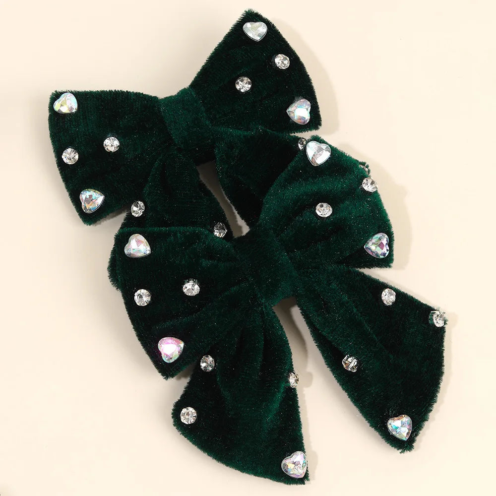 2Pcs Girls Velvet Bow Hair Clips Elegant Heart Shape Rhinestones Hairpins Vintage Burgundy Barrette Fall/Winter Hair Accessories
