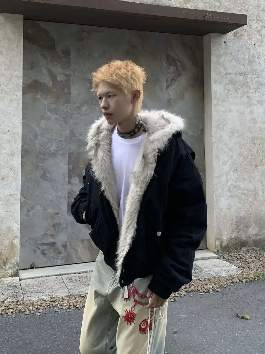 winter retro american woolen collar hooded cotton jacket thick plush top men street hip hop gothic harajuku oversize jacket coat