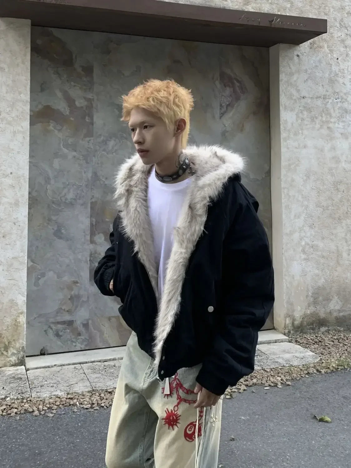 winter retro american woolen collar hooded cotton jacket thick plush top men street hip hop gothic harajuku oversize jacket coat