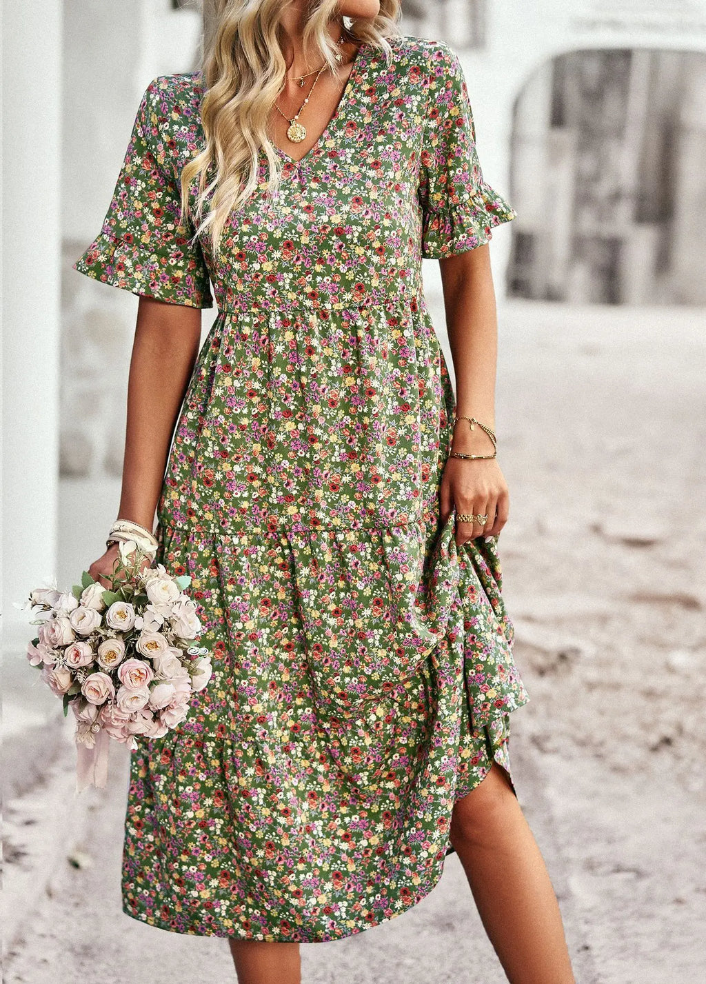 Msfilia Fashion V Neck Elegant Printed Dress Women Summer Short Sleeve High Waist A Line Floral Holiday Dresses