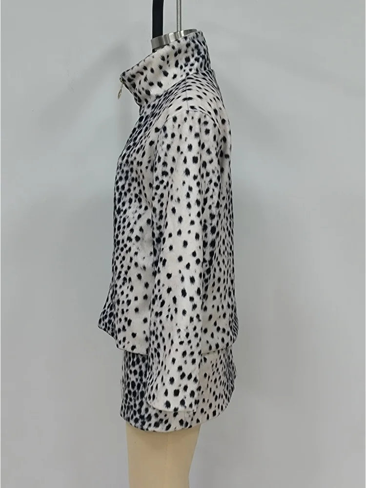 Women Leopard Print Faux Fur Jacket Zip Up Stand Collar Cropped Loose Fit Fuzzy Coat Vintage Street Casual Ladies Outerwear