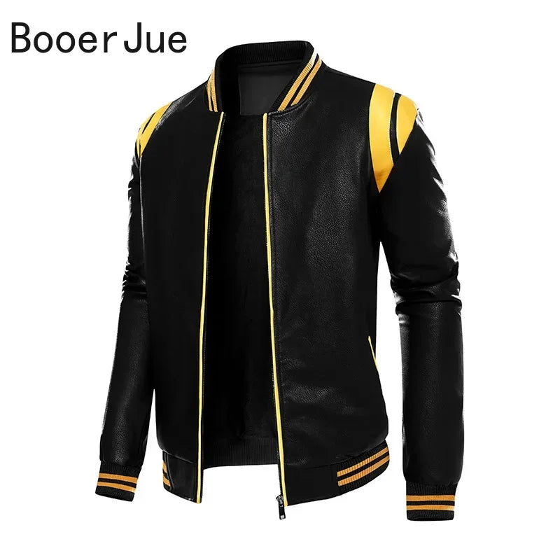 Motorcycle Men Leather Jacket Patchwork Biker Coat Motorcycle Jackets Mens Winter Casual Fleece Warm Coats Stripe Loose Outwear