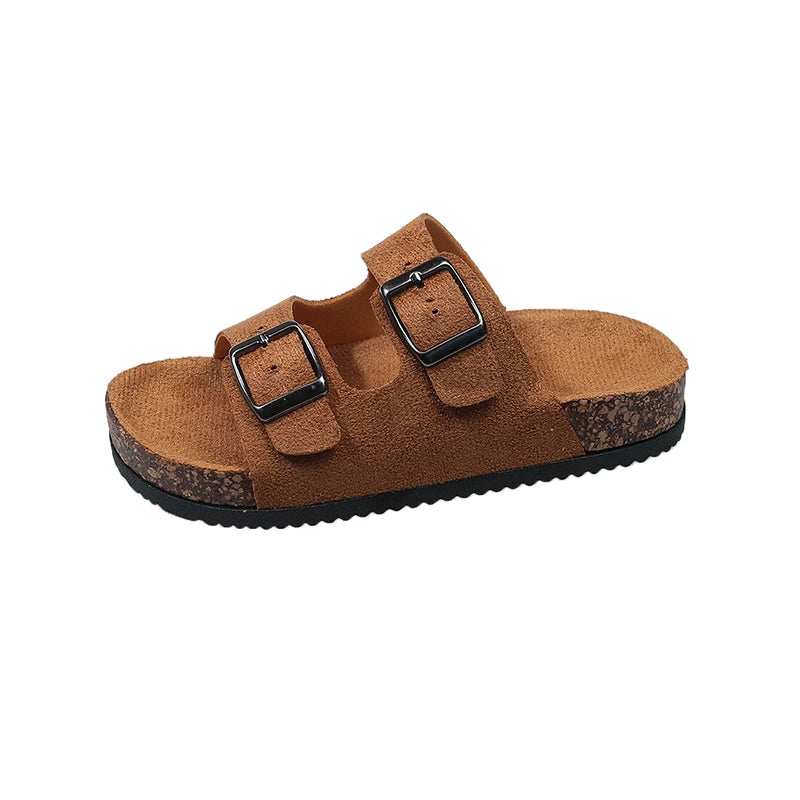 Summer Toddler Kids Boys Girls Suede Cork Slide Sandals Double Buckle Non-Slip Soft Sole for Indoor Outdoor Daily Casual Wear