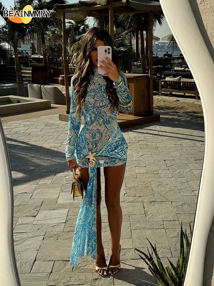 Women Blue Print Mesh Short Dresses Chic Sexy Summer Long Sleeve See-through Bandage Starfish Holiday Beach Dress Streetwear Hot