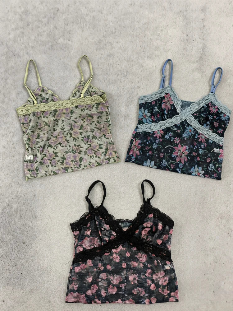 Summer women's retro floral vest with lace trim, V-neck adjustable sexy short vest, suitable for daily street casual Y2K vest