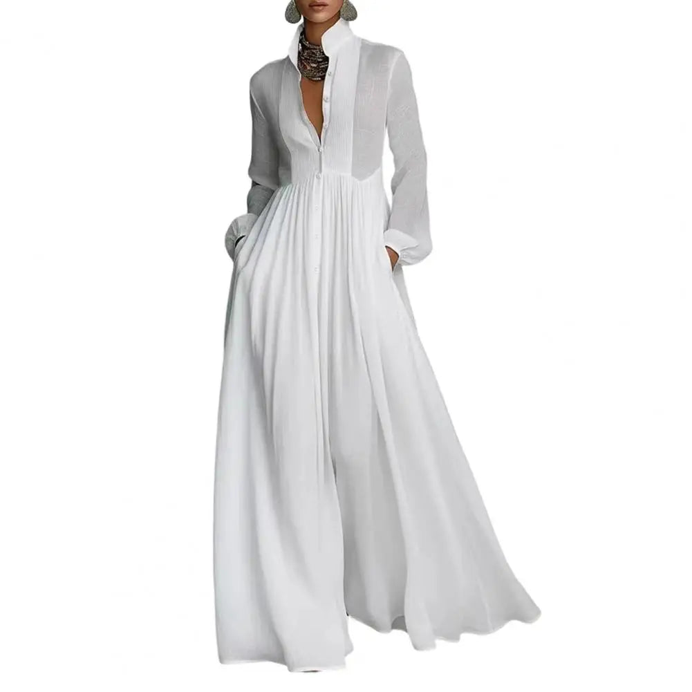 French Elegant High Waist Swing Long Dress Woman Spring Solid Pockets Pleated Maxi Dress Autumn Long Sleeve Button Evening Dress