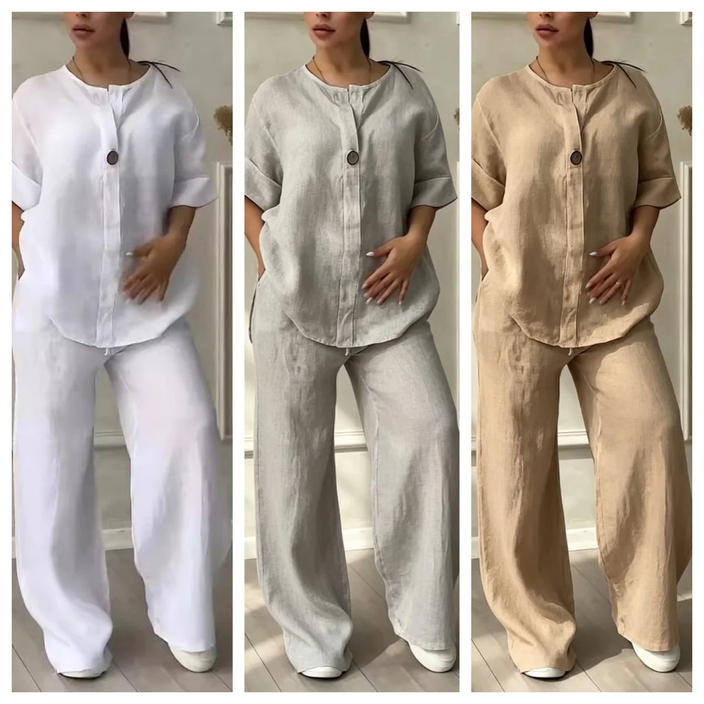 Women's Matching Comfortable Loose Cotton Linen  2 Pieces Sets Top Wide Leg Pants Casual Fashion Set Suits Summer Wear Outfits