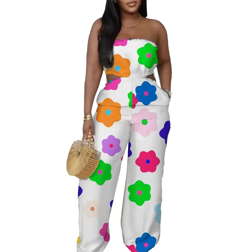 2025 Elegant Sleeveless Hollow Out Casual Style Women Tube Top with Wide-leg Jumpsuit Long Pants