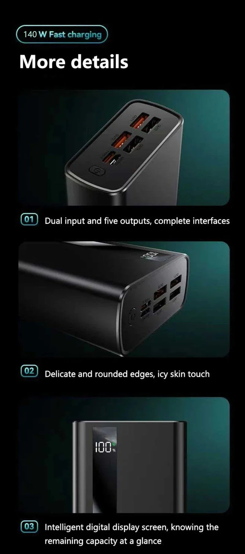 Lenovo CCC 500000mAh Power bank 140W Super Fast Charging Portable Battery Charger Ultra Capacity LED Digital Display For Xiaomi