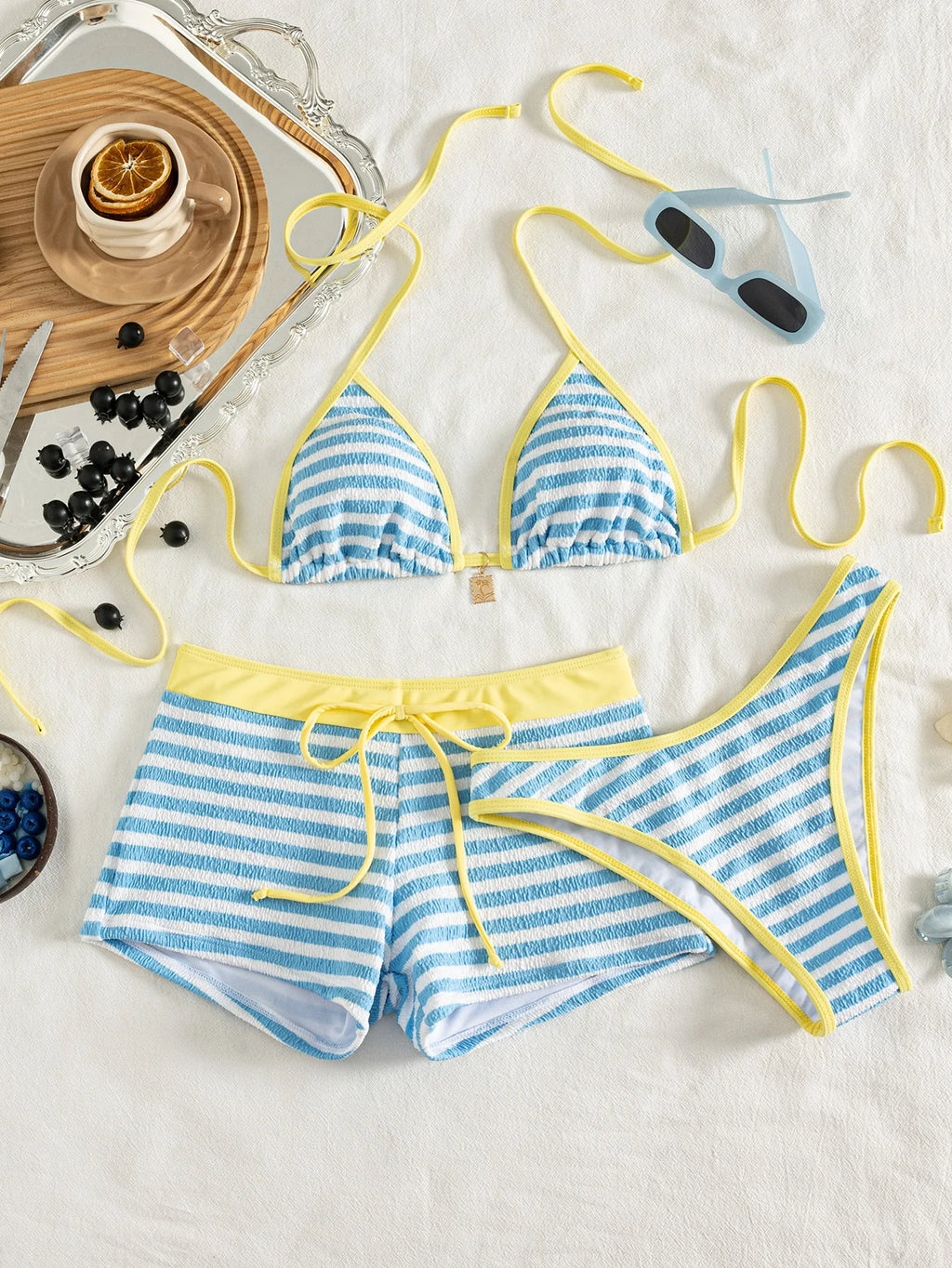 Women 3 Piece Striped Bikini Set Halter Triangle Top High Cut Thong Drawstring Shorts Summer Beach Swimwear Bathing Suit