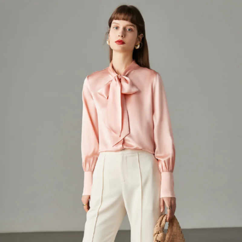Birdtree,19MM 100%  Silk Blouse,Women Plain Satin Bow Tops,Single Breasted,French Syle Solid Shirt,2025 New T5D904JF