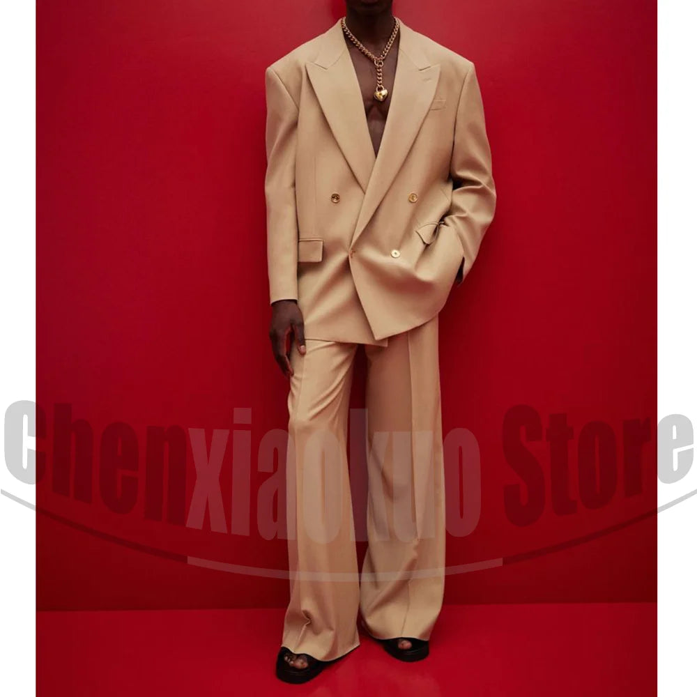 Men's Double Breasted Suit Set Oversized Blazer and Wide-Leg Trousers Fashion Casual Formal Outfits for Streetwear Party