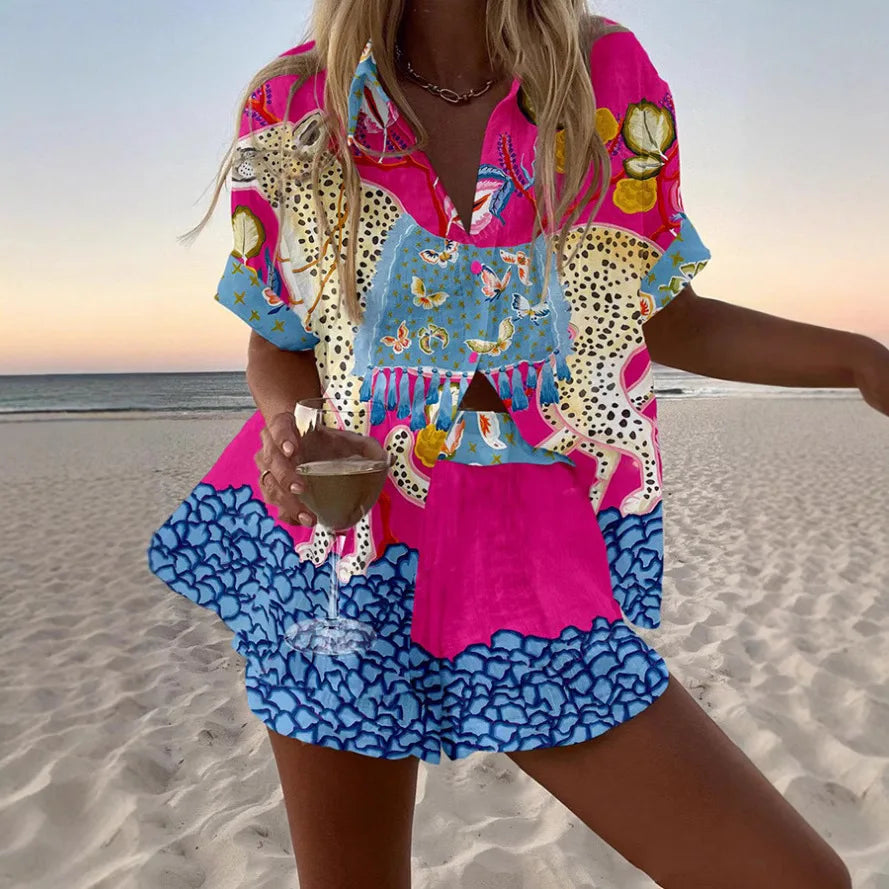 Fashion Print Beach Holiday 2-Piece Set Women Summer Short Sleeve Shirt Top + Wide Legs Short Women's Oversized Two-Piece Outfit