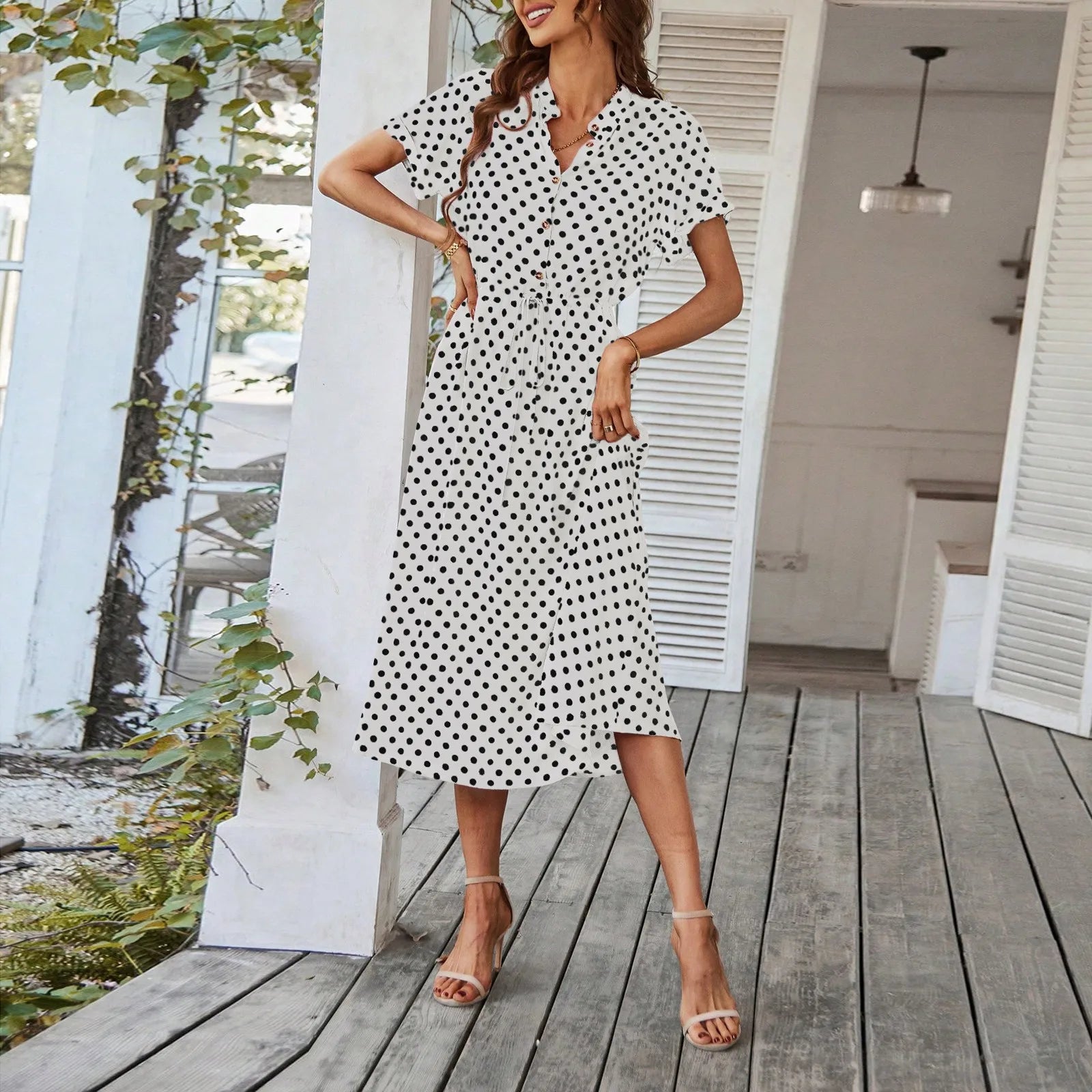 Elegant retro polka dot dress Women's Summer Midi Dress V Neck Single Breasted Short Sleeve Dresses Fashion Print Dress