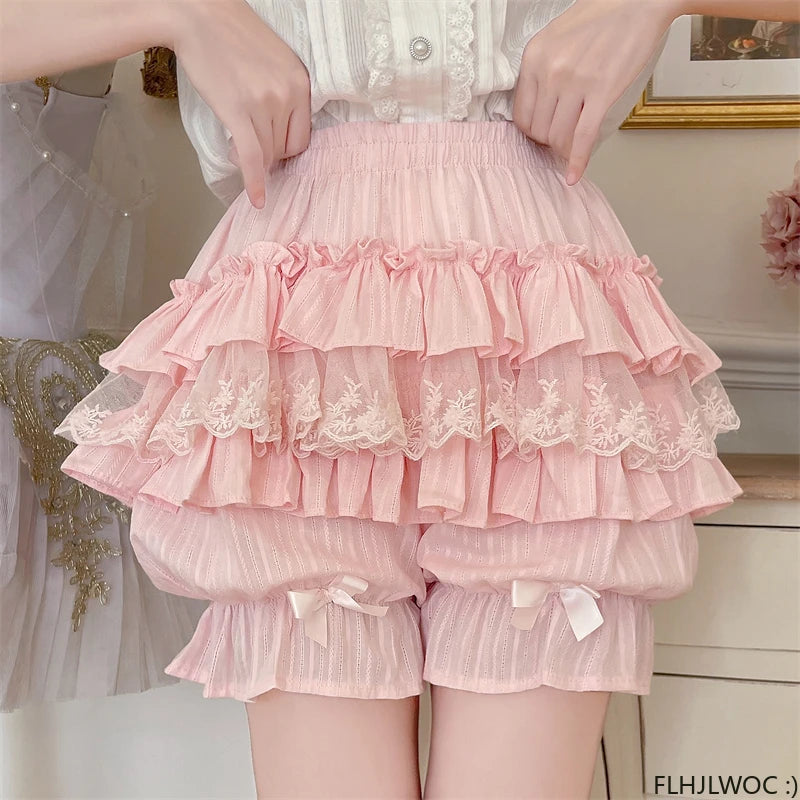 Cotton Bloomers Lolita Style Girls Cute Sweet Japan Sexy Lace Date Princess Pink Layer Puff Shorts Ruffles Lantern Small Pants