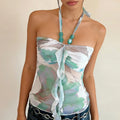 SylCue Colorful Print Camisole Tops Woman Beads Decoration Halter Backless Ruffles Tassel Sweet Girls Y2K Style Elegant Tops