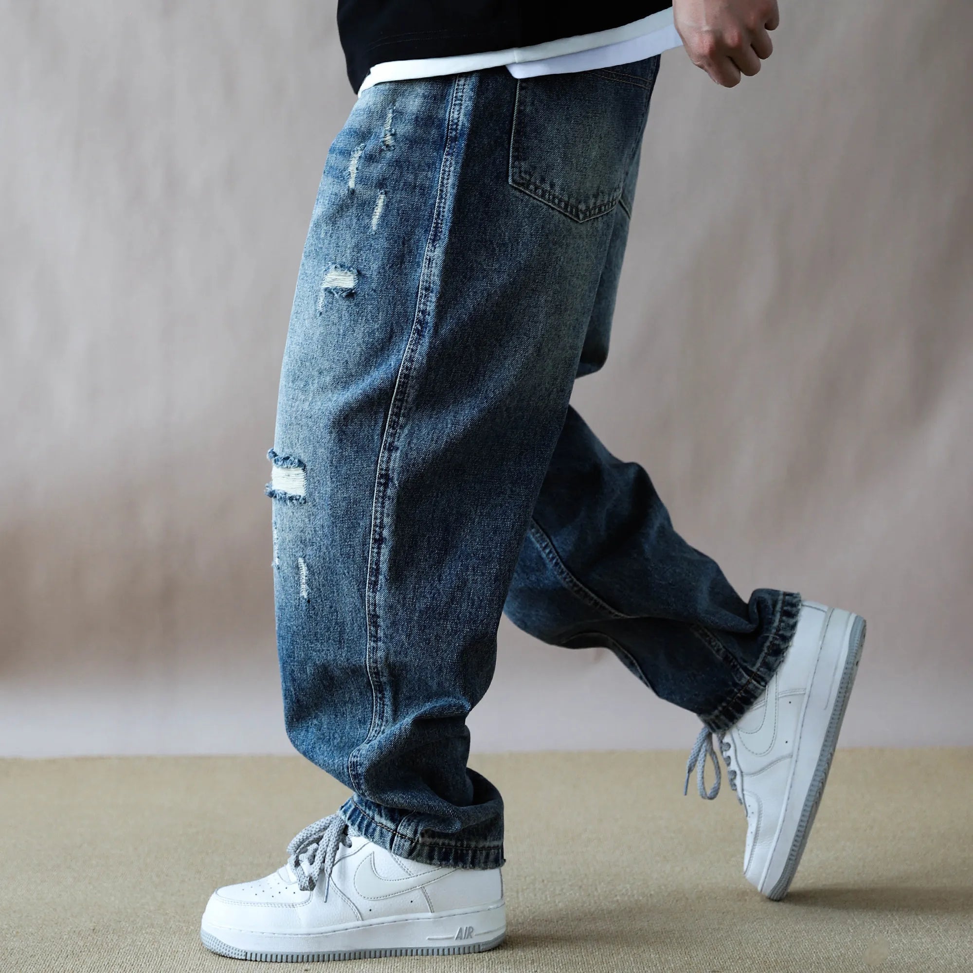 Mens Jeans American Vintage Light Blue Washed Distressed Ripped Patch Baggy Loose Curved Tapered Denim Pants Streetwear Hip Hop