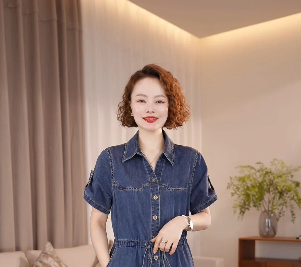 Denim Dress For women Summer 2026 New Female Single Breasted Short sleeved Slim Temperament Casual Dresses With pockets