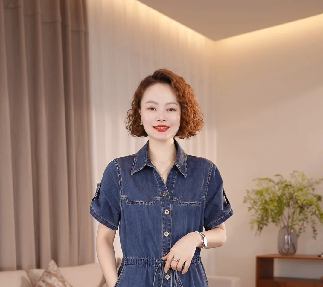 Denim Dress For women Summer 2026 New Female Single Breasted Short sleeved Slim Temperament Casual Dresses With pockets