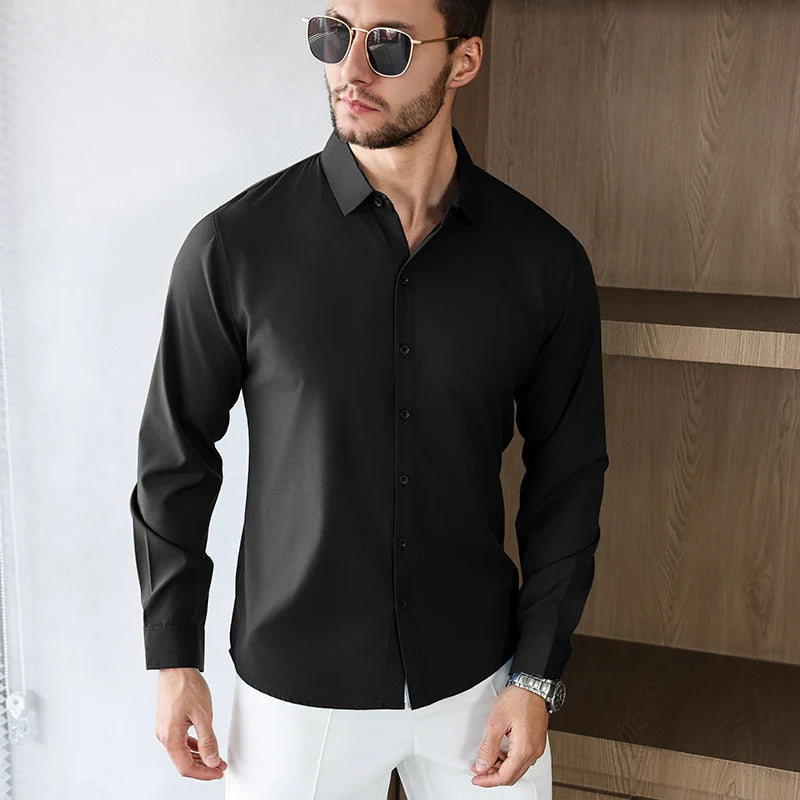 New Men's Business Casual Long Sleeved Solid Color Shirt Wrinkle Resistant Wrinkle Free Comfortable All Season Versatile Top