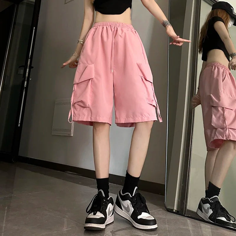 Women Casual Cargo Shorts High Waisted Loose Wide Leg Shorts Large Pockets Fashion Street Hip-hop Breathable Thin Summer Shorts